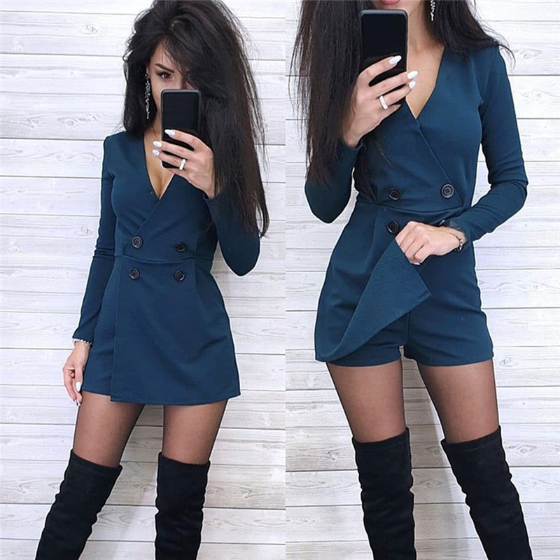 

2011solid v-neck long sleeve womens playsuit front split double-breasted wide leg short jumpsuit women summer skinny casual romper, Black;white