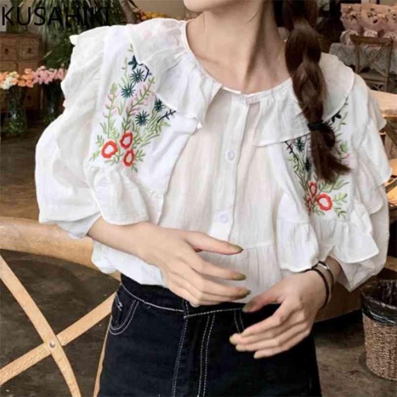 

Summer Doll Shirt Korean Floral Lantern Sleeve Peter Pan Colalr Blouse Causal Sweet Blusas Camisas Mujer 6H979 210603, White