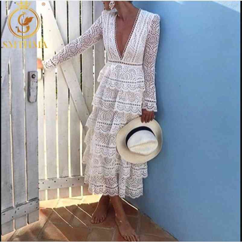 

Arrive High Quality Luxury Runway White Lace Dress Women Long Sleeve Sexy V-Neck Party Vestidos 210520, Photo color