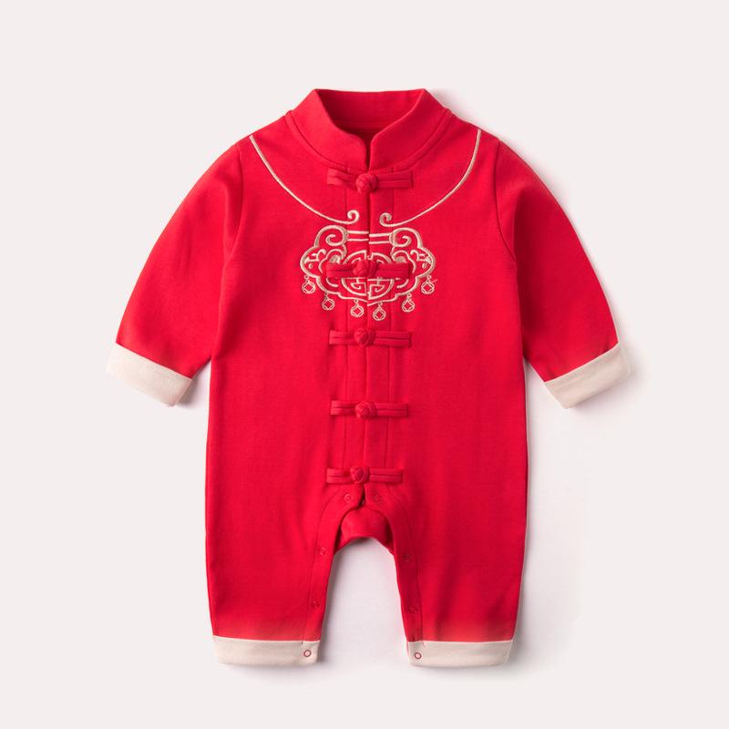 

Jumpsuits 2021 Kids Clothing For Chinese Year Tang Suit Baby Boy Girl Lock Print Long Sleeve Romper Infant Jumpsuit Warm Clothes