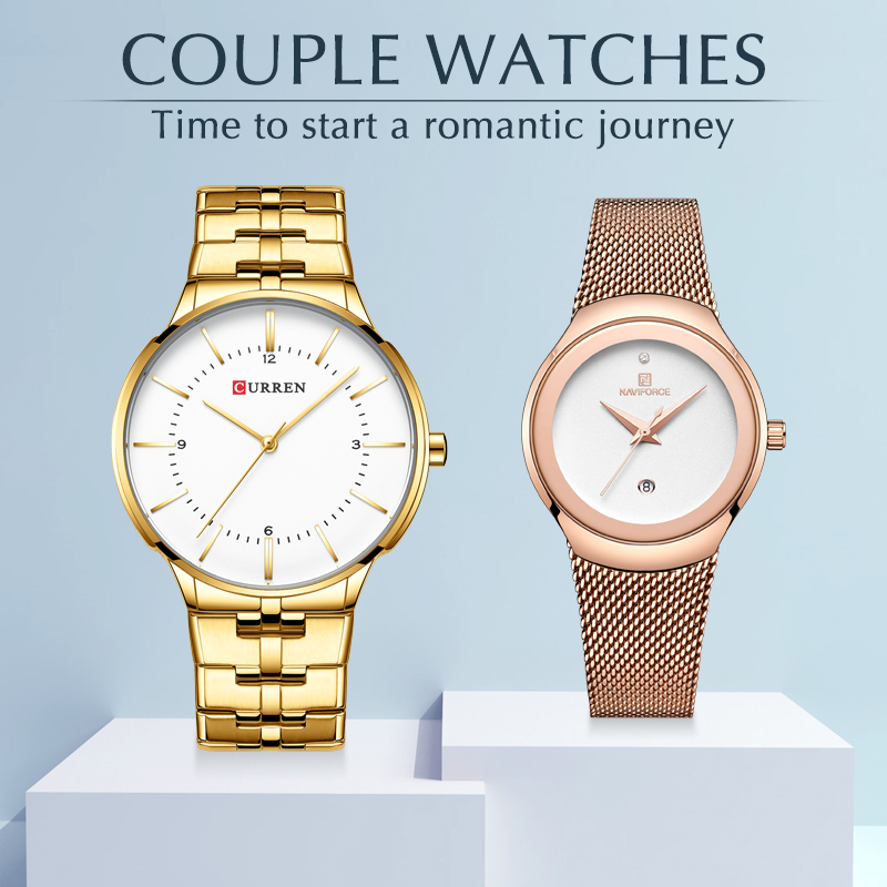 

Luxury Women Men Couple Watches CURREN Top Brand Waterproof Stainless Steel Lover's Wristwatch Calendar Quartz Clock Gift Set fo 210517, Gold