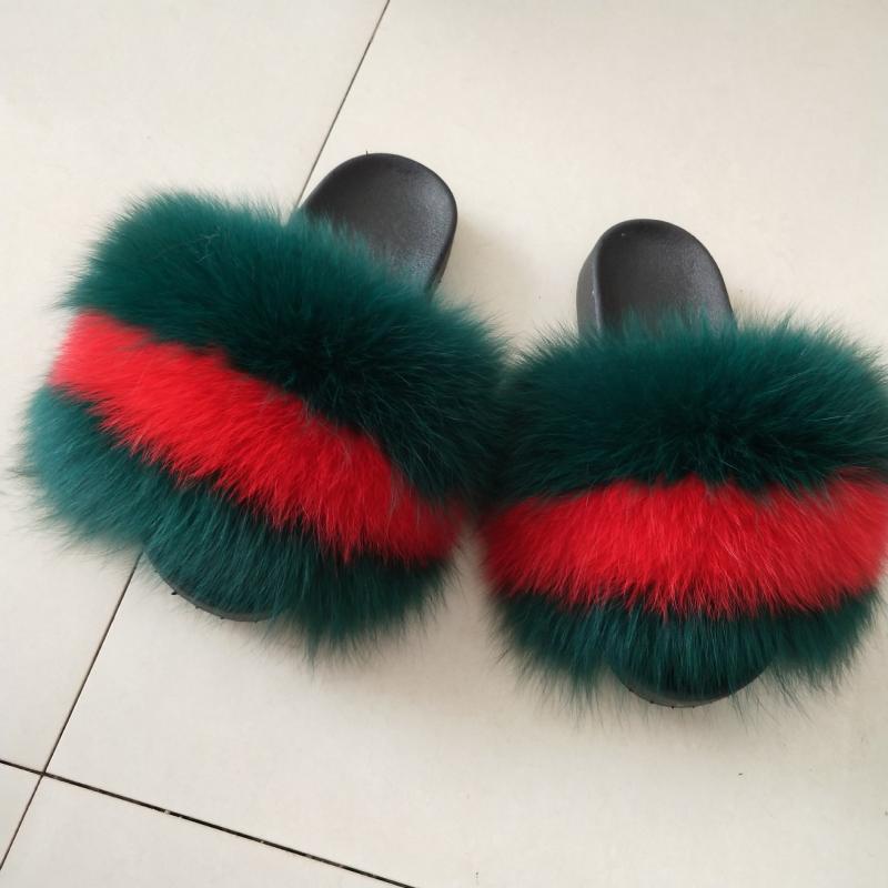 

Slippers Luxury Women Real Fur Sandals Hair Slides Rubber Flat Non-slip Casual Home Slipper Soft Lady Large Size 45 Shoes, Black