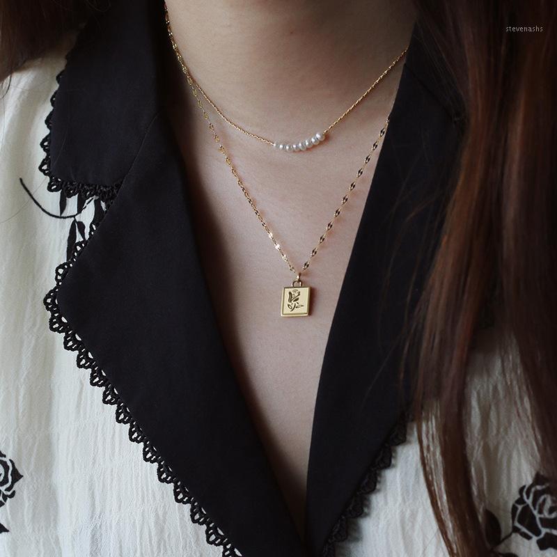 

Chains 2021 Stainless Steel Hypoallergenic Trendy Personality Square Pendant Embossment Rose Flower Sign Necklaces For Women