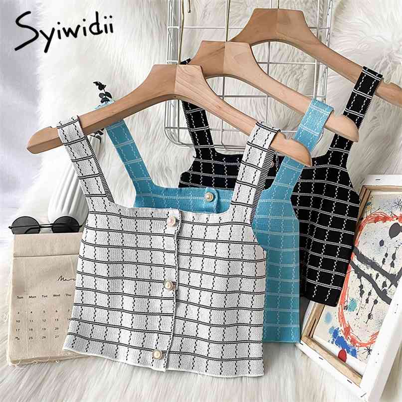 

Knitted Button Up Plaid Camis Women Screw Thread Casual Top Back Zipper Short Tank Summer Fashion Clothing 210607, White