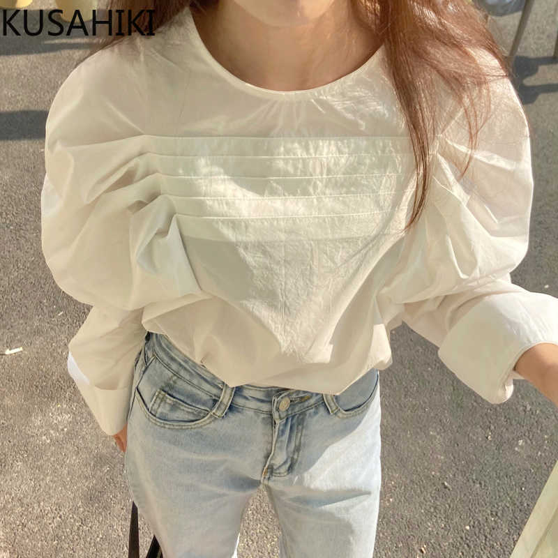 

KUSAHIKI Spring Puff Sleeve Korean Women Tops Causal O-neck Spring Blouses Fashion Elegant Blusas Mujer De Moda 6G173 210602, White