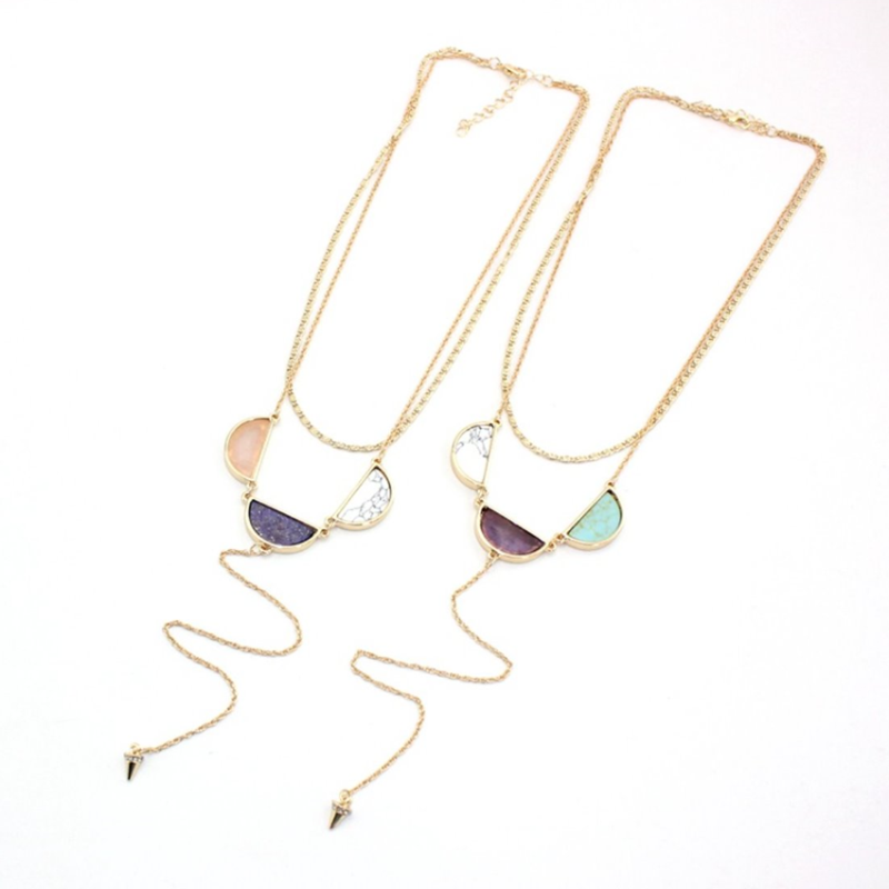 Pendant Necklaces FYJS Unique Light Yellow Gold Color Half Moon Amethysts Crystal Link Chain Necklace Rose Pink Quartz Jewelry-image-708489393