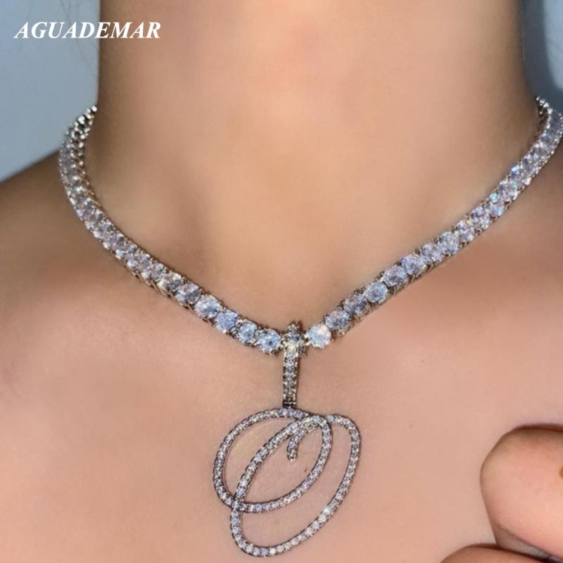 

Chains Punk A-Z Cursive Letters Name Pendant Necklace Women Men Iced Out Cubic Zircon Tennis Chain Letter Necklaces Hiphop Jewelry Gift