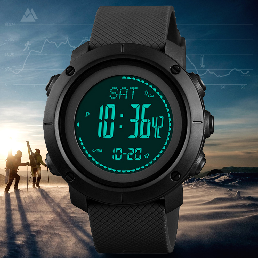 

SKMEI Altimeter Barometer Thermometer Altitude Men Digital Watches Sports Clock Climbing Hiking Wristwatch Montre Homme 1427g, Abs dial green