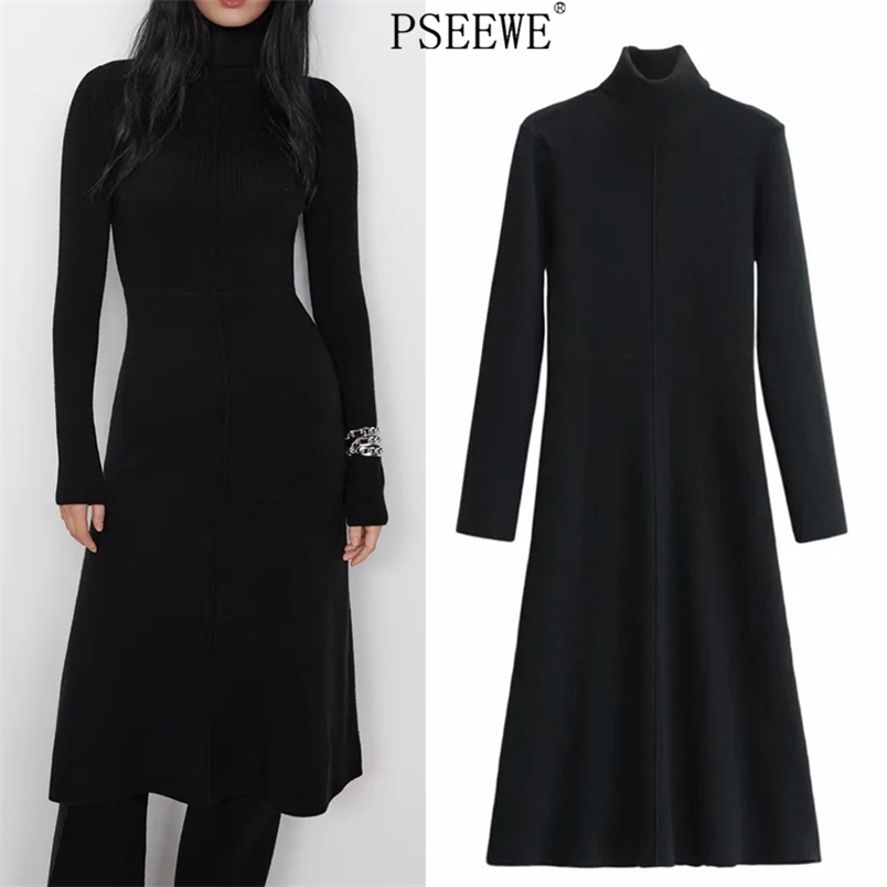 

Black Long Knitted Dress Women Winter Warm Sleeve Midi Sweater Woman Ribbed Knit A Line Casual es 210519