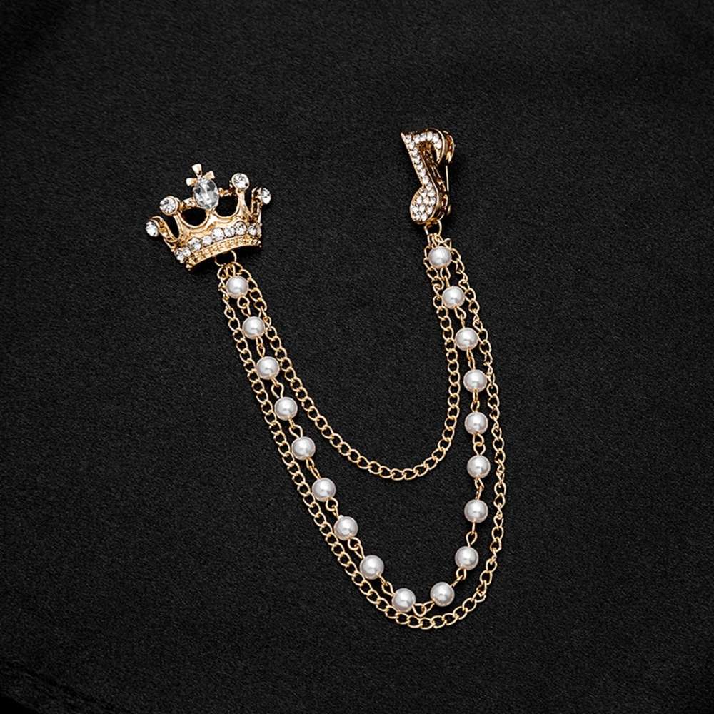 2020 new British style suit badge pin high grade crown inlaid with diamond note chain pearl brooch-image-695428069