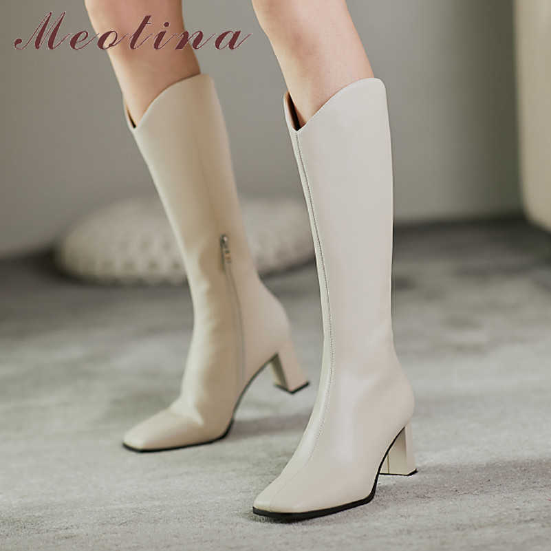 

Meotina High Heel Western Boots Woman Thick Heel Knee High Boots Zip Square Toe Long Boots Ladies Shoes Autumn Winter Beige 40 210608, Black synthetic lin