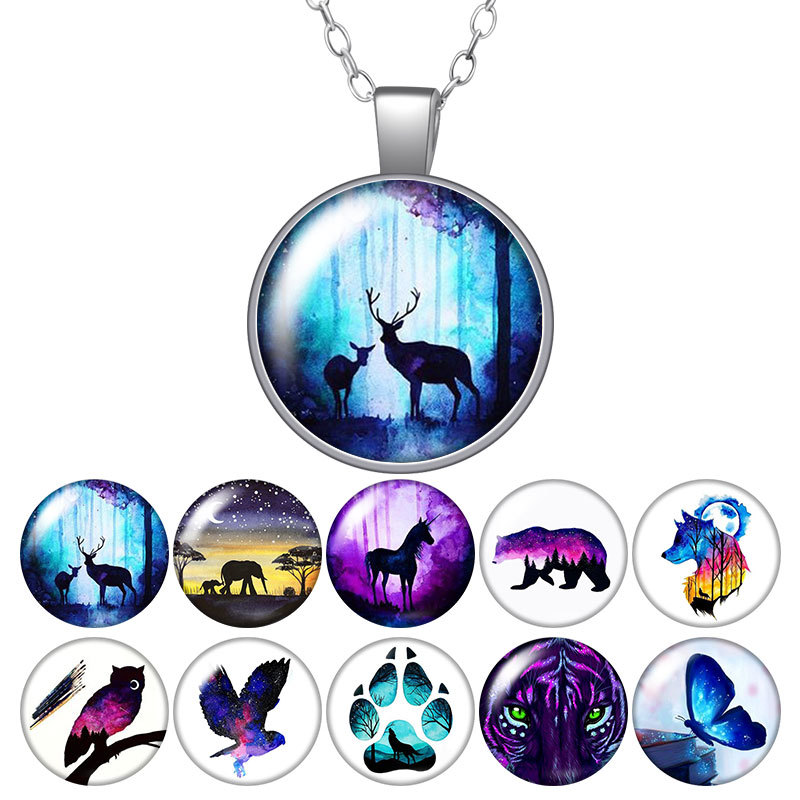 

Painting Animals Elk Unicorn Wolf Bear Round Pendant Necklace 25mm Glass Cabochon Silver Color Jewelry Women Birthday Gift
