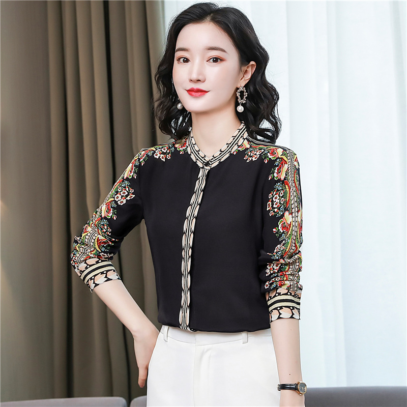 

2021 Runway Printed Elegant Silk Shirts Women Designer Long Sleeve Floral Blouses Slim Office Ladies Button Shirt Beautiful Summer Autumn Fashion Plus Size Tops, Black