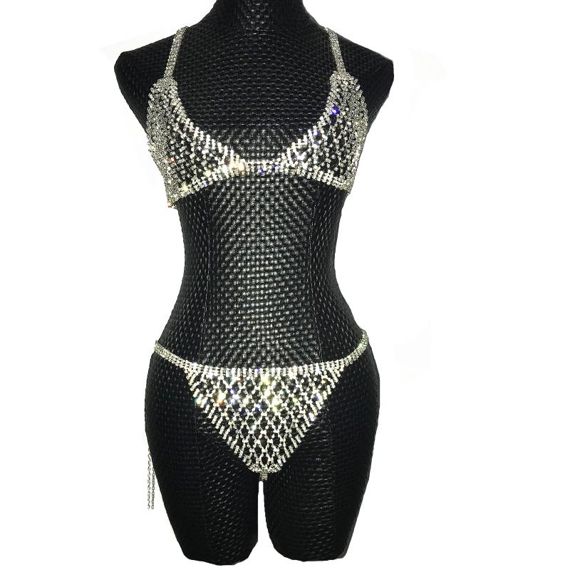 

Silver Crystals Chains Bikini Bra Underwear Birthday Dance Party Sexy Wear Two Piece Set Female Singer Bling Costume Stage