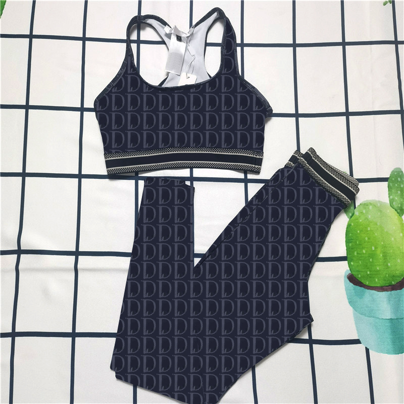 

Fashion Brand Women Sports Swimwear Full Letter Printed High Waist Swimsuit Summer Autumn Fitness Yoga Vest Leggings 2 Piece Set, Black