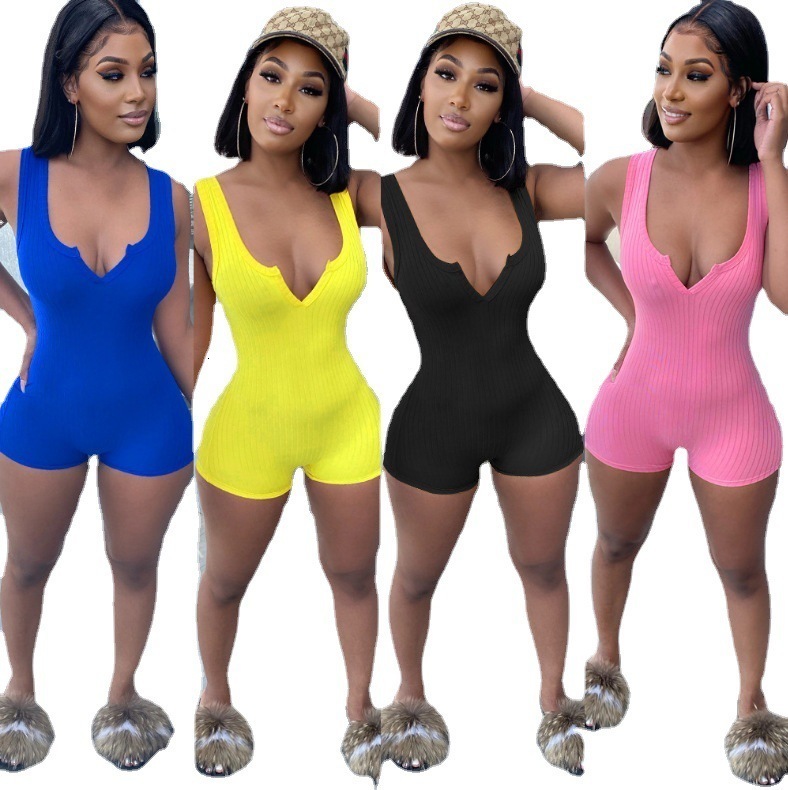 

Women's Jumpsuits & 4 colors Hot selling 2021 solid color fashion Sexy slim vest V-neck shorts one piece nightwear casual tight trousers Rom, Mix or give list