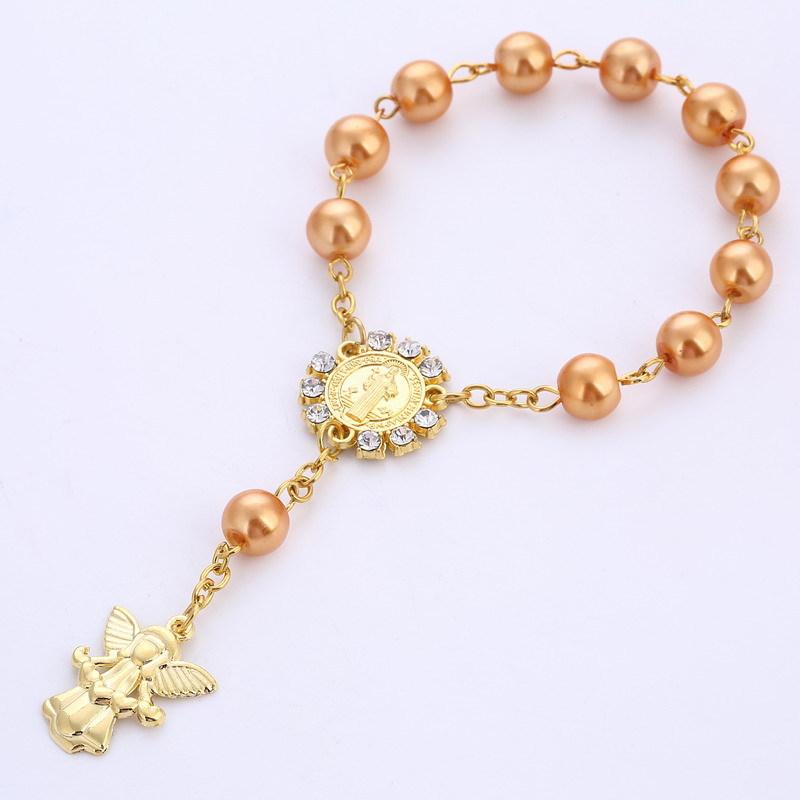 

Link, Chain Catholic Religious Glass Pearl Beads Cross Rosary Bracelets Angel Jesus Saint Baptism Chaplet Braclet For Girl Jewelry