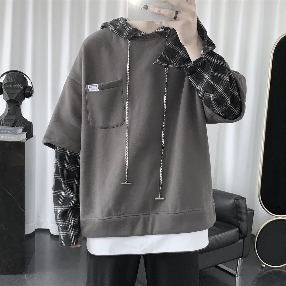 

Men's Hoodies & Sweatshirts Fashion Lattice Printing Coats Stitching Fake Two-piece Pullover Hooded Cotton Clothes Casual IAEM, Dark gray