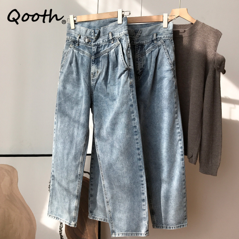 

Qooth Retro Wide Leg High Waist Jeans Straight Loose College Style Trousers Fashion Casual All-Match Cool Jeans QT592 210518, Blue