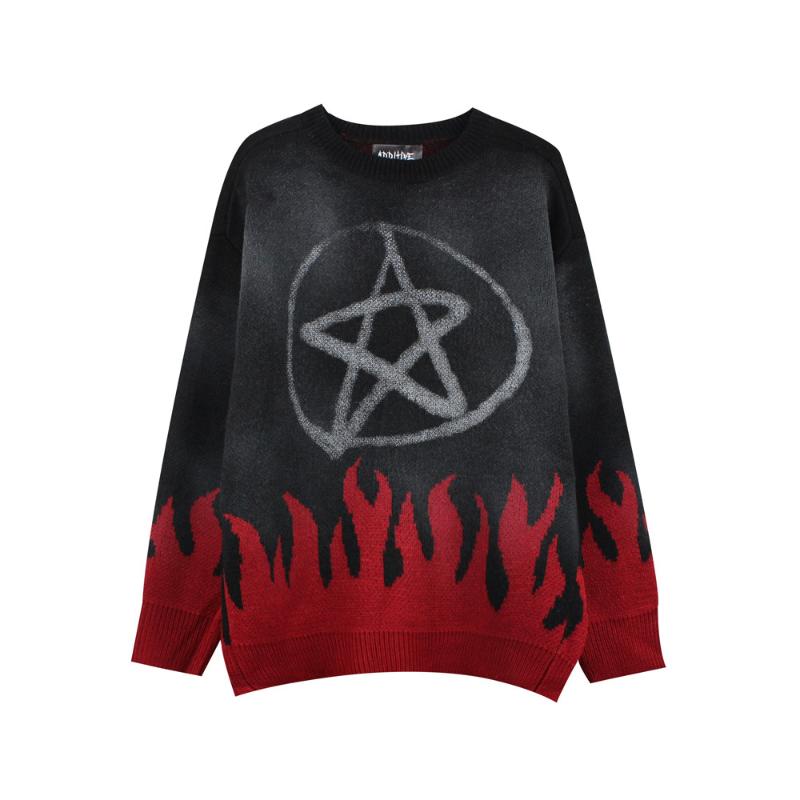 

Men's Sweaters 2021 Arrival Star Flame Jacquard Hip Hop Men Oversize Knitted Sweater Round Neck Loose Women Pullover Lounge Wear Sudaderas, White;black