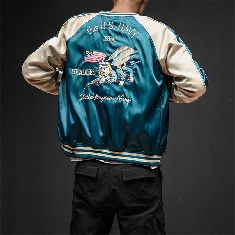 

Two Sides Luxury Embroidery Bomber Jacket Smooth Men Sukajan Yokosuka Souvenir Streetwear Hip Hop Baseball 211110, Blue