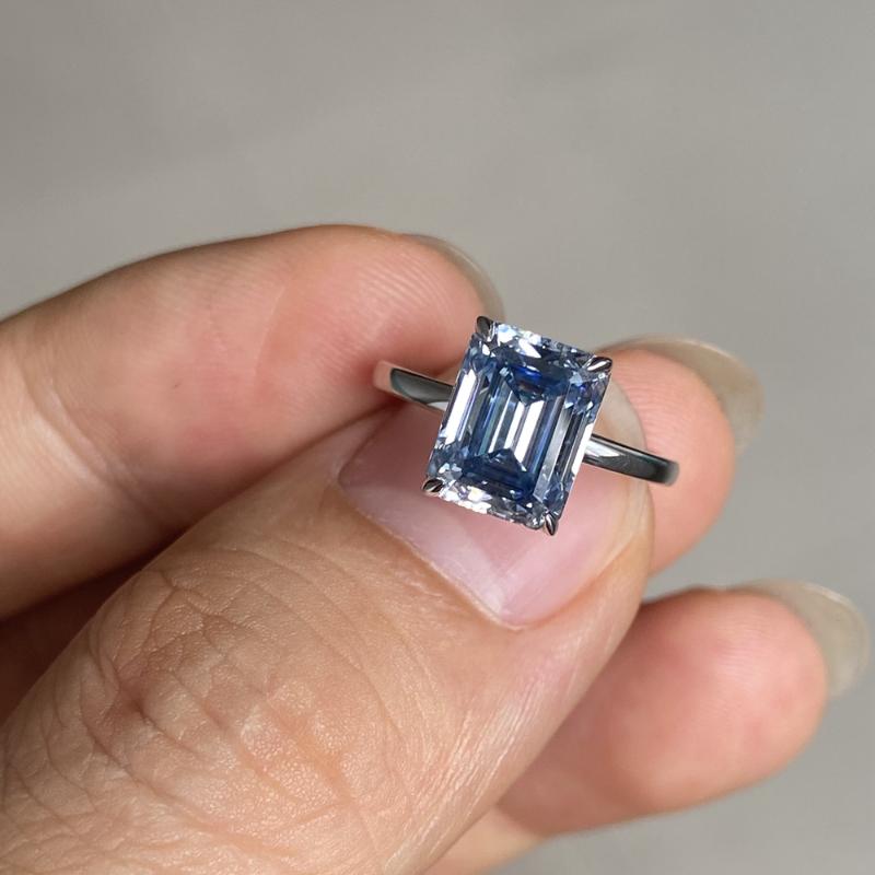 

Cluster Rings Meisidian Color Blue Moissanite 3 Emerald Cut S925 Sliver Plated White Gold Ring, Golden;silver