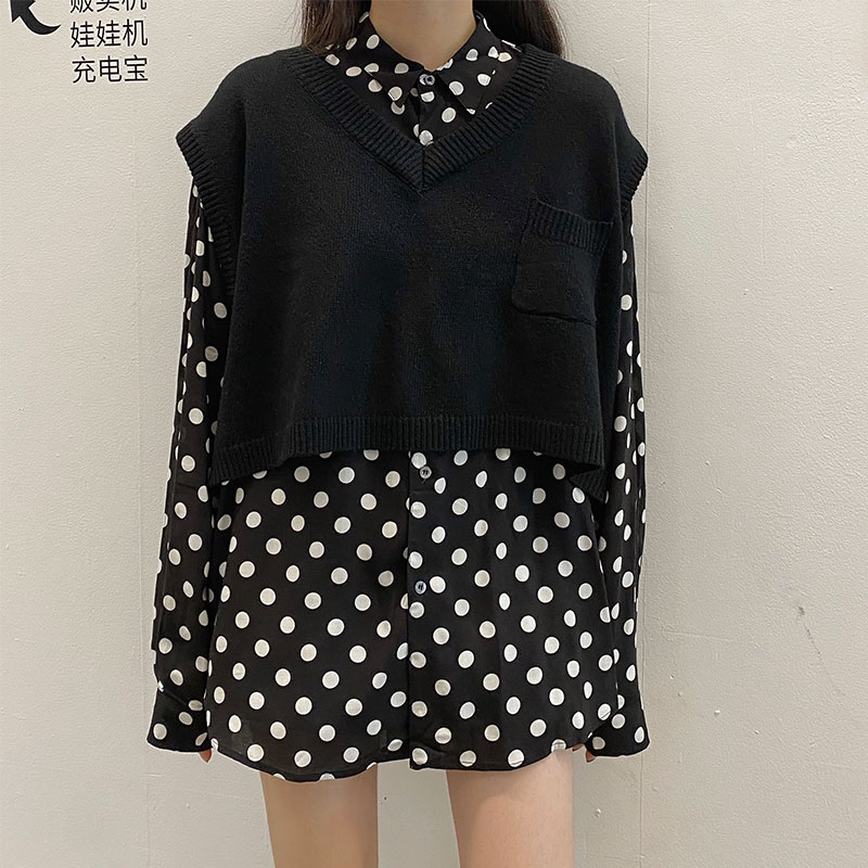 

2021 autumn and winter preppy Soild color knitted v neck vest sweaters womens sleeveless sweaters and pullovers womens (X1594), White;black