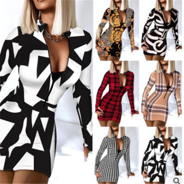 

Designer Casual Dresses for Women Sexy V Neck Zip Long Sleeve Plaid Houndstooth Printed Bodycon Dress Evening Birthday Party, #6