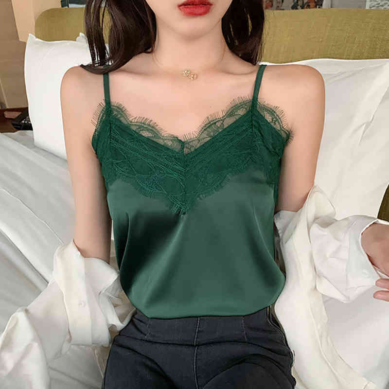 

Women' Tanks & Camis Haut Femme Summer Tops V-Neck Lace Tank Top Women Clothes White Cami Camisole Satin Silk Vest Woman Plus Size Ropa Muj, Green