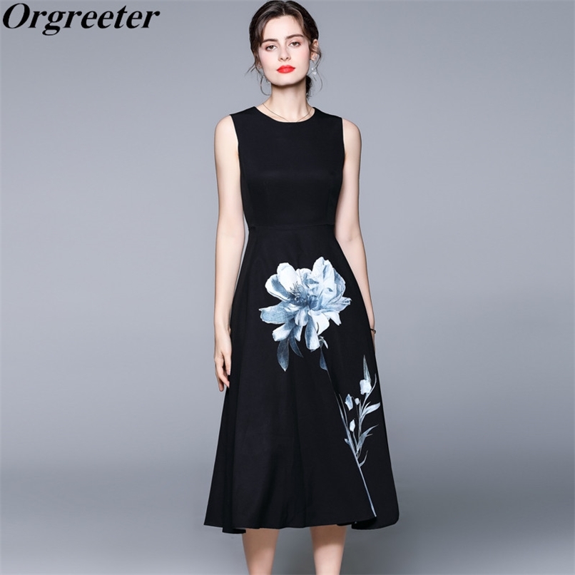

Designer Runway Summer Long Tank Dresses For Women O-Neck Sleeveless High Waist Floral Ink Print Black Elegant Midi Dress 210602