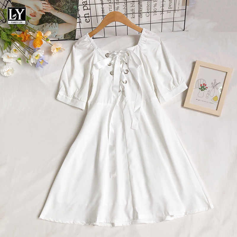 

LY VAREY LIN Summer Casual Female Solid Color White Black Dress Women Sweet Drawstring Bow Tie Puff Sleeve 210526