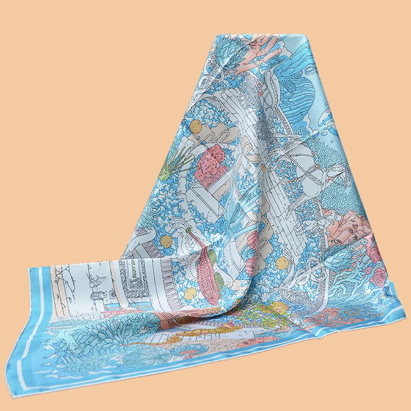 

Scarves HuaJun 2 Store||Water Blue Color "Ex-Libris Atlantis" 90 Silk Scarf, Twill Printing, Anti-wrinkle, Handmade Stitching