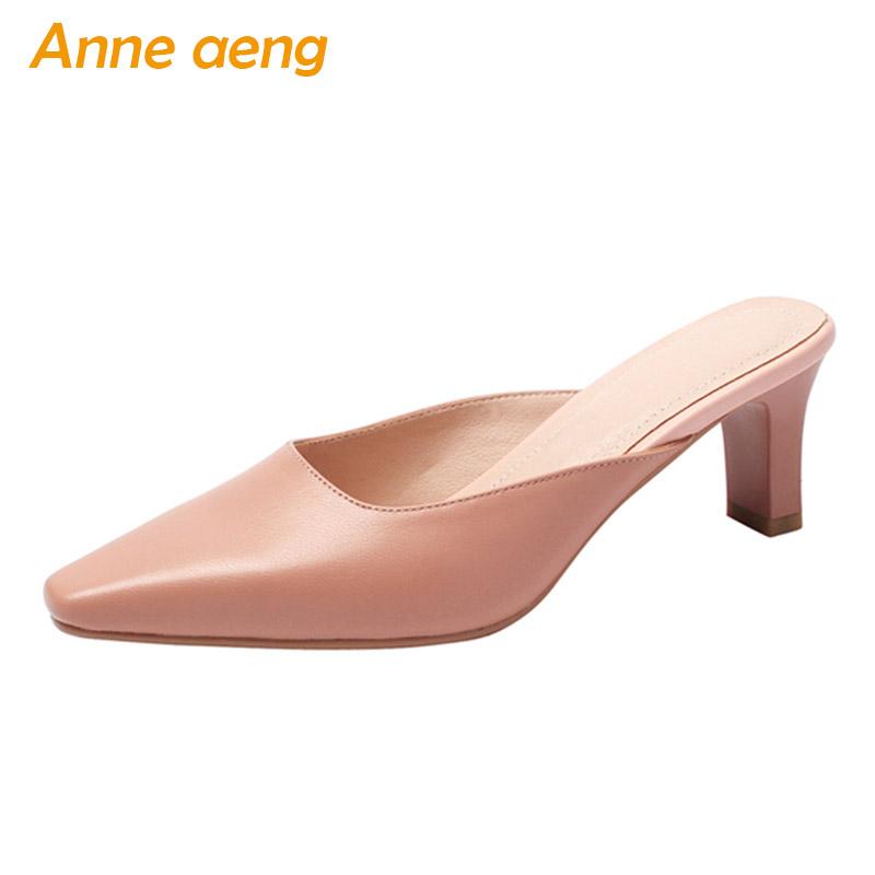 

Slippers 2021 Summer Genuine Leather Outside Women High Heel Fashion Sexy Ladies Sheepskin Shoes Pink Mules Slides, Black