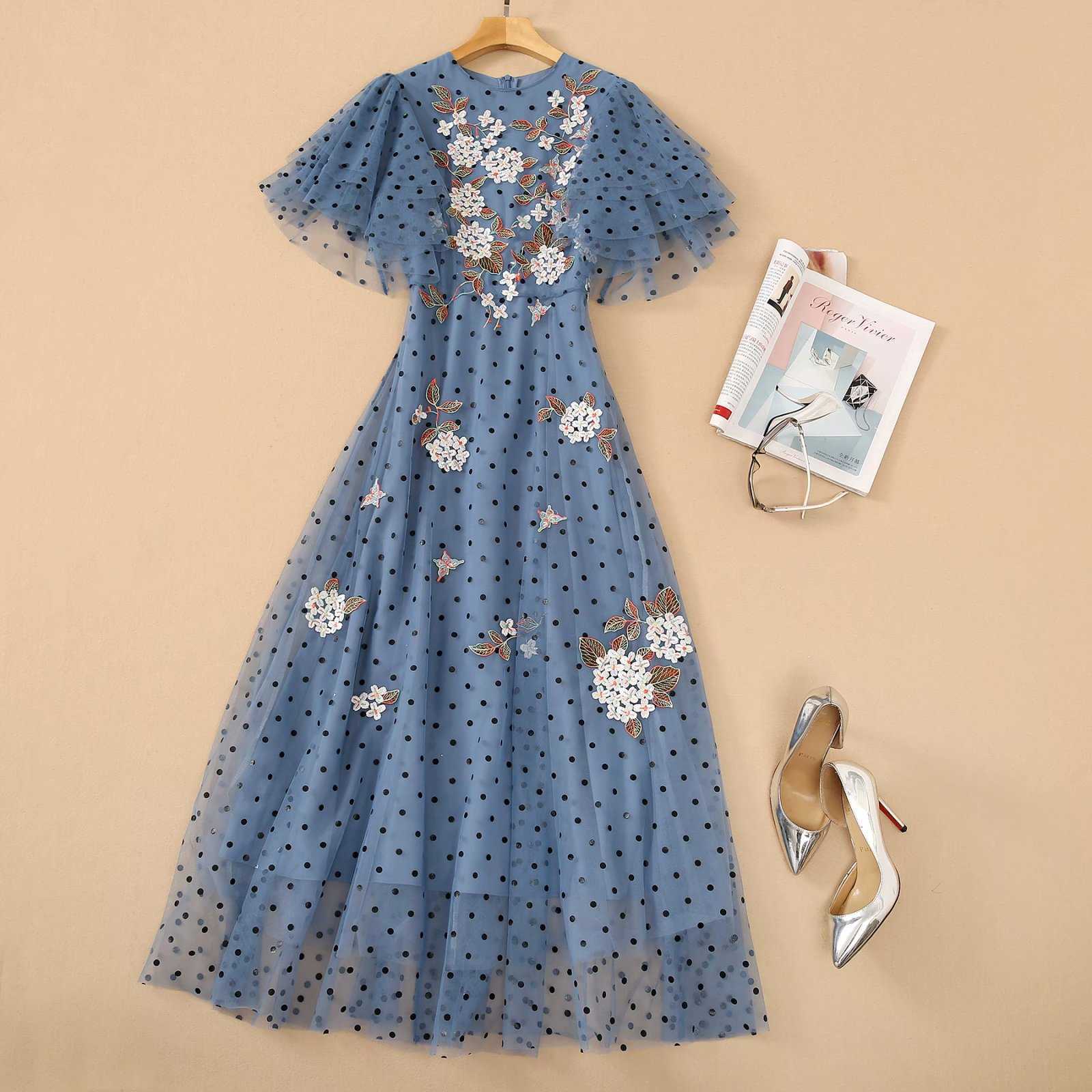 

EXCELLENT QUALITY est Designer Fashion Summer Butterfly Sleeve Gauze Embroidery Dot Long Dress 210526, Blue