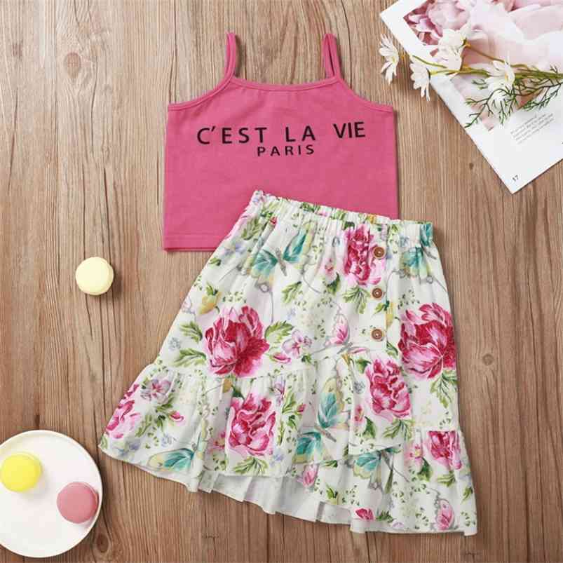 

Summer Children Sets Casual Strap Letter Pink Tops Single Breasted Peint Floral Skirt Cute 2Pcs Girls Boys Clothes Set 0-2T 210629