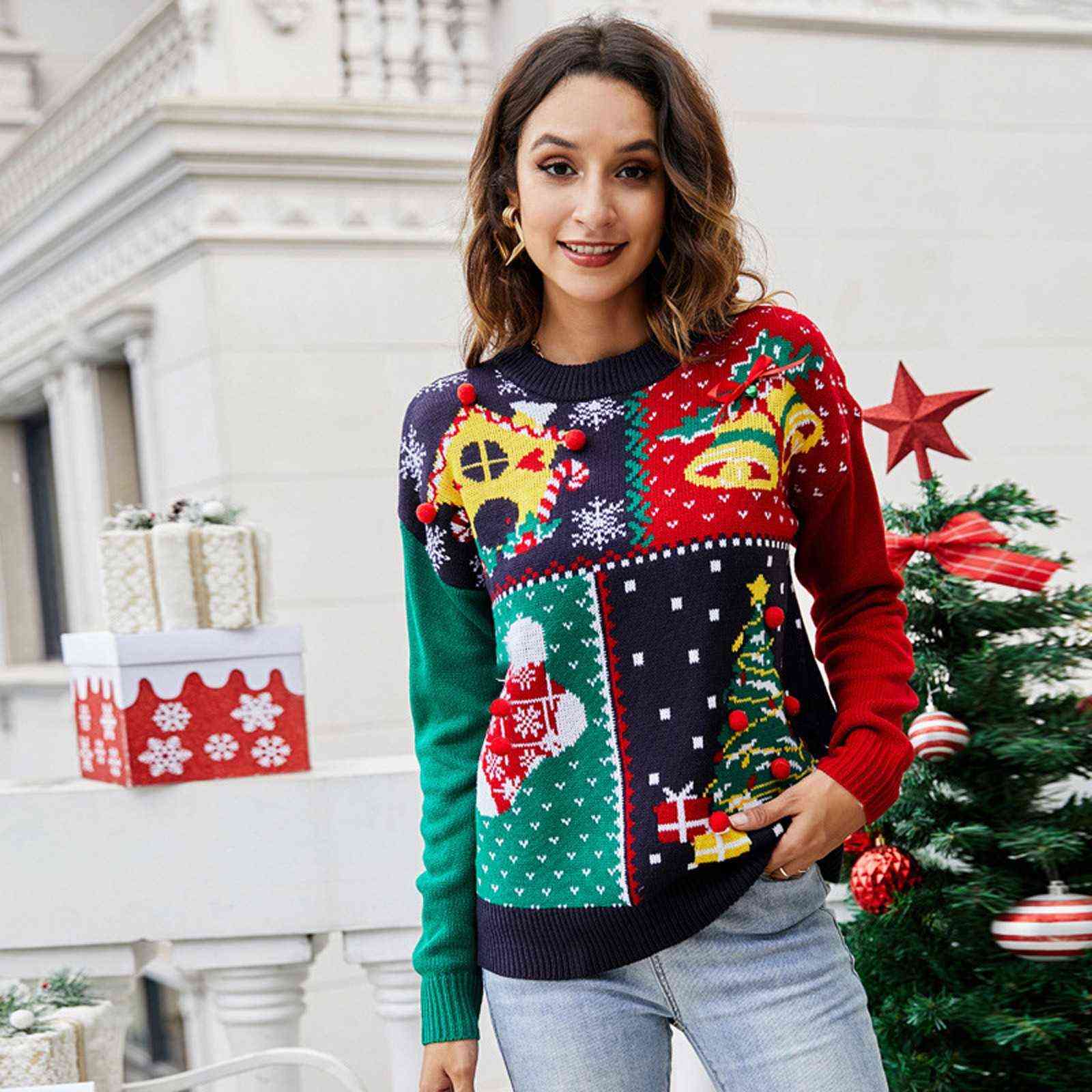

Winter Women' Ugly Christmas Sweater Little Snowflake Knitted Dress And Christmas Tree Sweater With Bells On Chest Y1118, Red