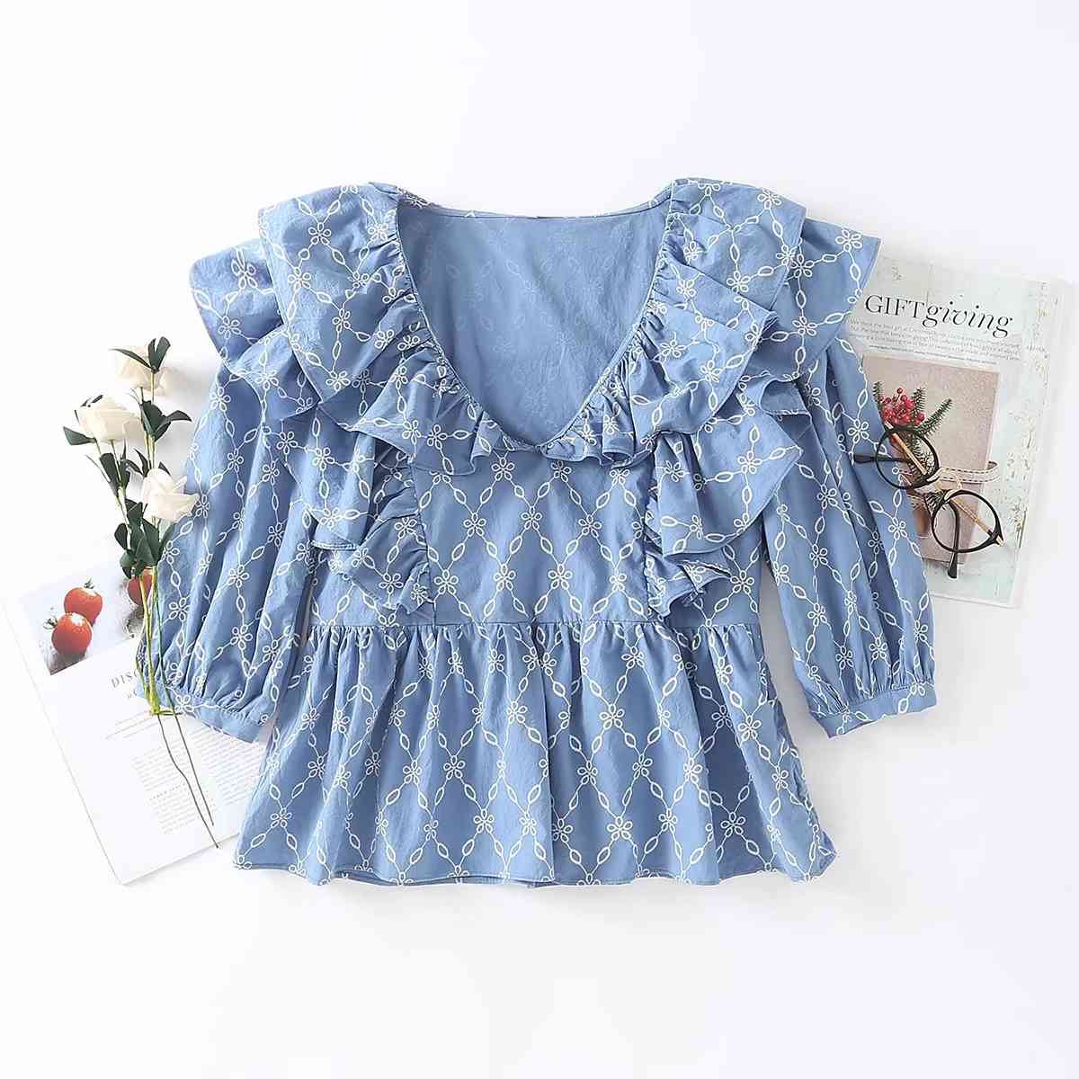 

Elegant A-Line Ruffled Cropped Blouse Summer Half Sleeve Printed Sweet Style Girls Short Shirt Blouse 210521, Blue