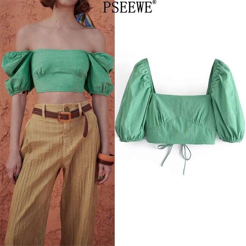 

Green Summer Top Woman Fashion Short Puff Sleeve Off Shoulder Crop Women Criss Cross Straps Backless Sexy Blouse 210519