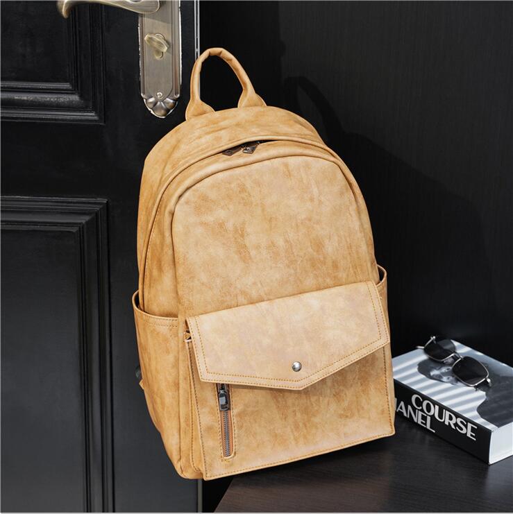 

Factory wholesale men brand shoulder bag retro leather large backpack street trend solid color student backpacks outdoor pocket leisure computer bags, Yellow
