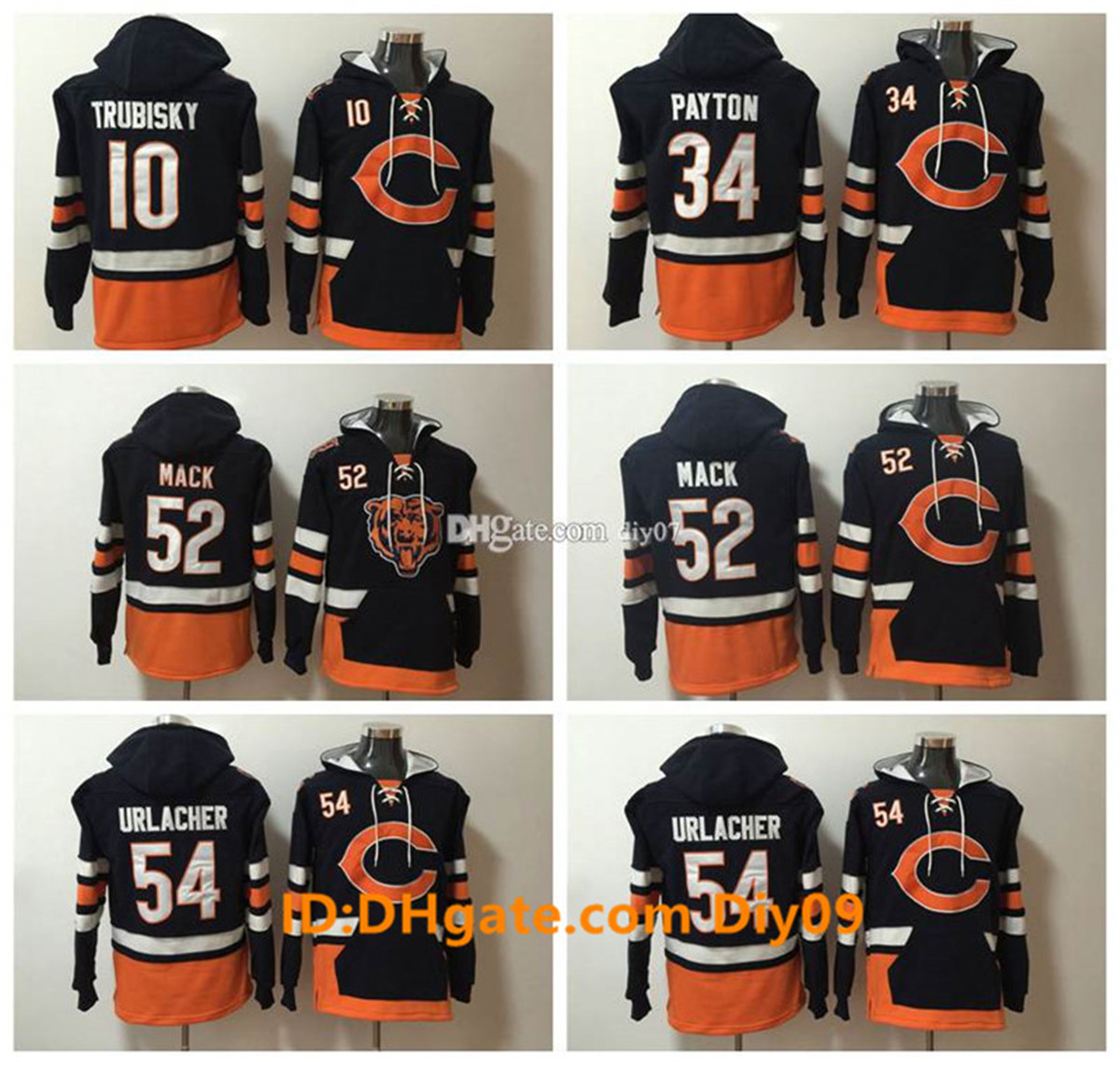 

MenChicagoBearsHoodie 52 Khalil Mack 34 Walter Payton 54 Brian Urlacher 10 Mitchell Trubisky Football Stitched Sweatshirt, With sign