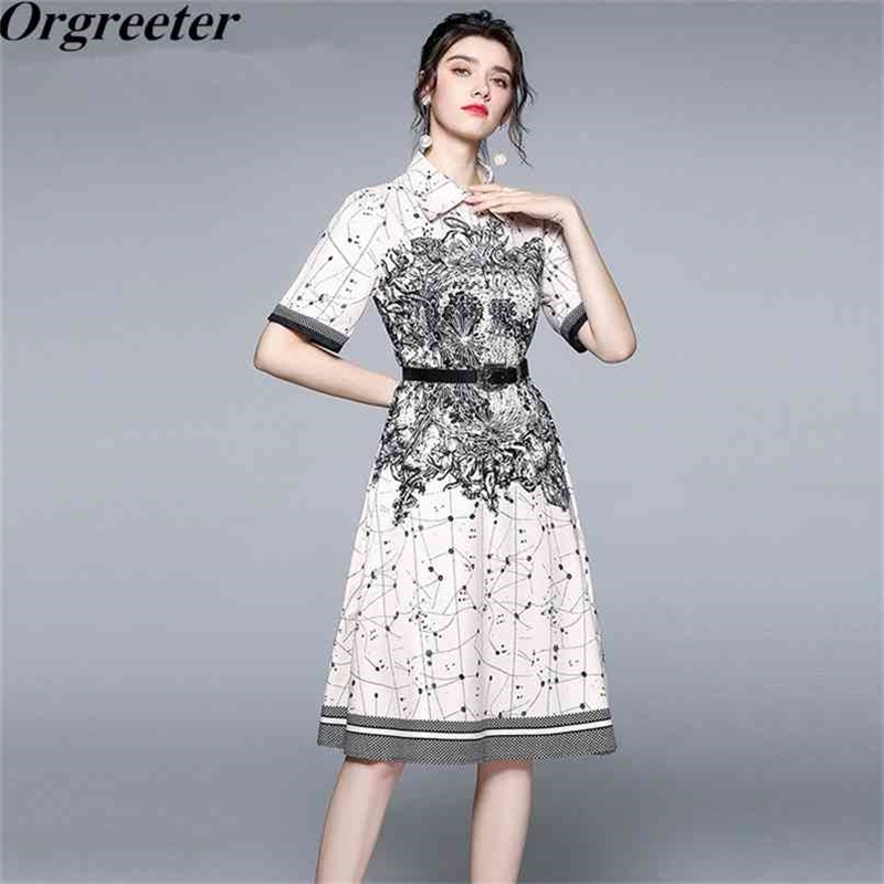 

Summer Runway Long Shirt Dress Women's Lapel Short Sleeve Vintage Print Mid Female Office Work Vestidos With PU Belt 210602, Apricot
