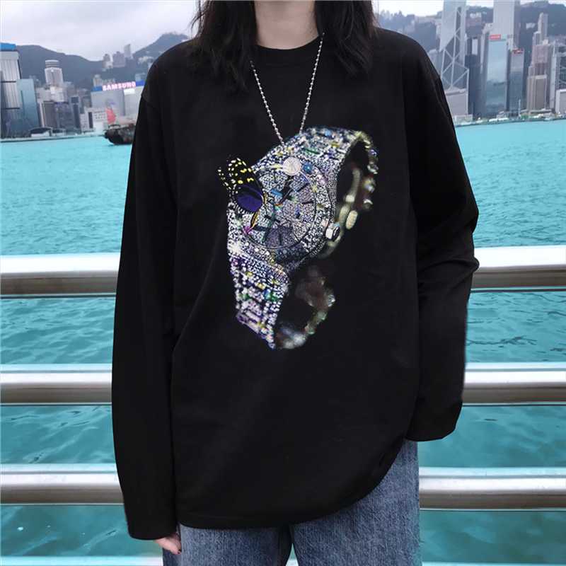 

Women's Hoodies & Sweatshirts 2021 Autumn Three-dimensional Fashion Watch Printing Men And Women Long-sleeved Tide Round Neck Personality, Black