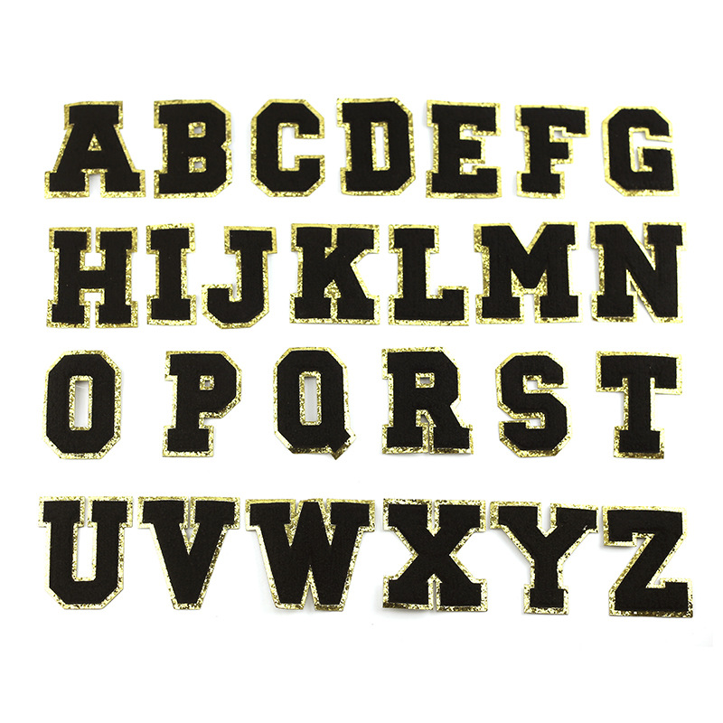 

Black Letters with Gold Glitter Chenille Fabric Patches Towel Embroidery Rainbow Gritt Alphabet Iron on Sticker Name Clothing DIY Lovely Bag Badge