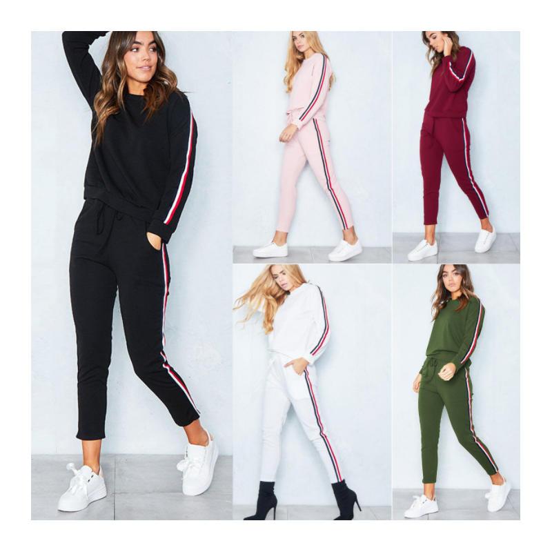 

Women' Tracksuits Womens Autumn And Winter Casual Striped Printing Long Sleeves Jumpers Ankle Length Pencil Pants Two Piece Sports Sets, Army green