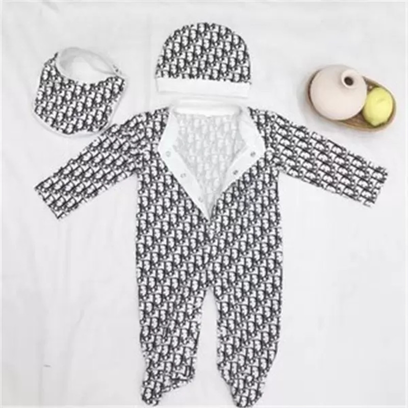 

Baby Rompers Set Designer Children's Long Sleeve Cotton Letter Jumpsuits + HAT,bib 0, 006