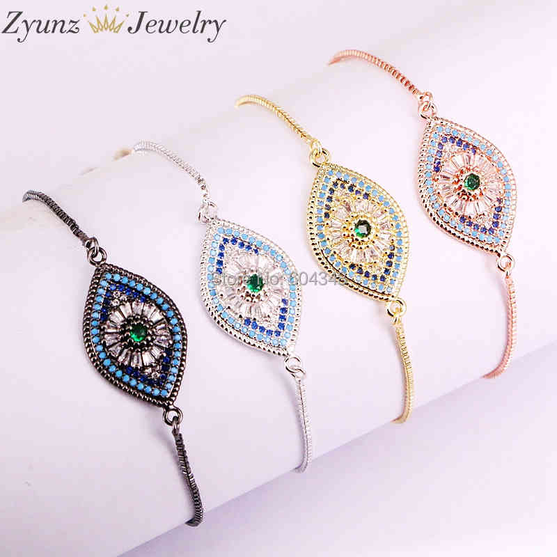 

10PCS ZYZ333-5108 Turkish Style Micro pave CZ Bracelet, Crystal zirconia Oval Eye charm adjustable chain bracelets for women