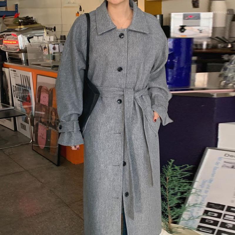 

Women's Wool & Blends [EWQ] Korea Autumn Winter Elegant Temperament Lapel Double Pocket Lace Up Waist Warm Long Sleeve Woolen Coat Women 202, Black