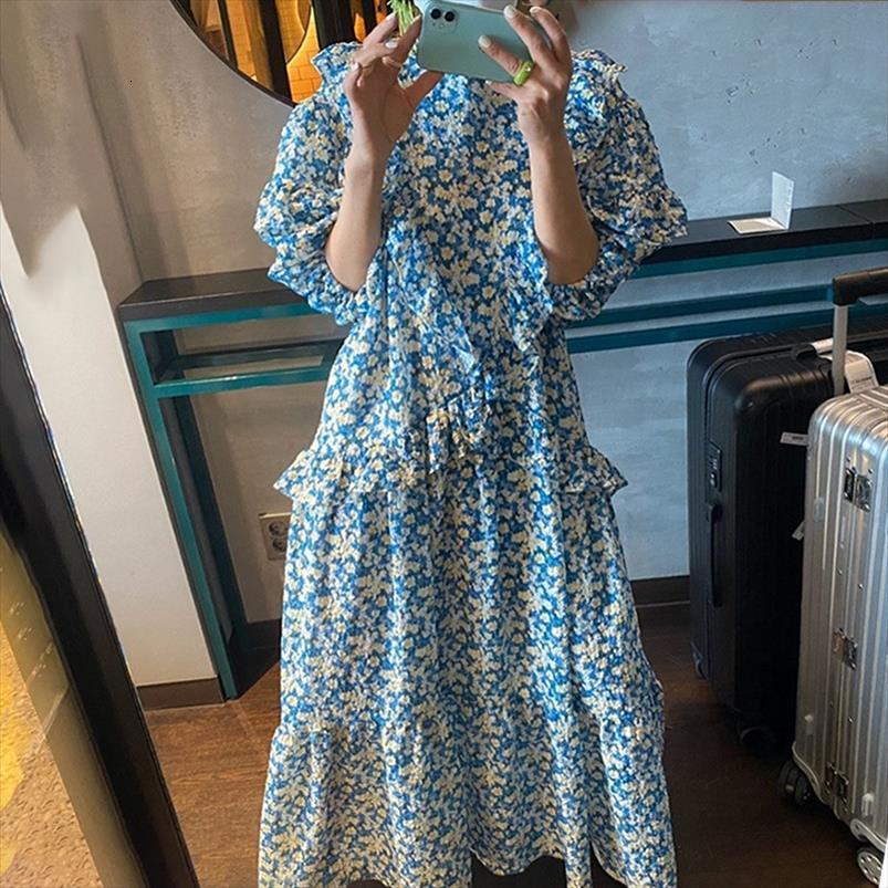 

[ewq] blue vintage casual print womens dress ruffles long o neck short puff sleeve fashion spring summer loose clothing, Black;gray