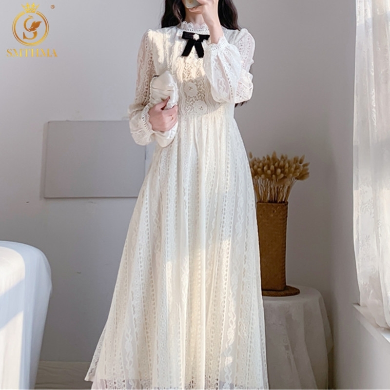 

Fashion Runway Spring Lace Hollow Out Long Dress Women Bow Stand Collar High Waist Elegant Party Vestido 210520, Photo color
