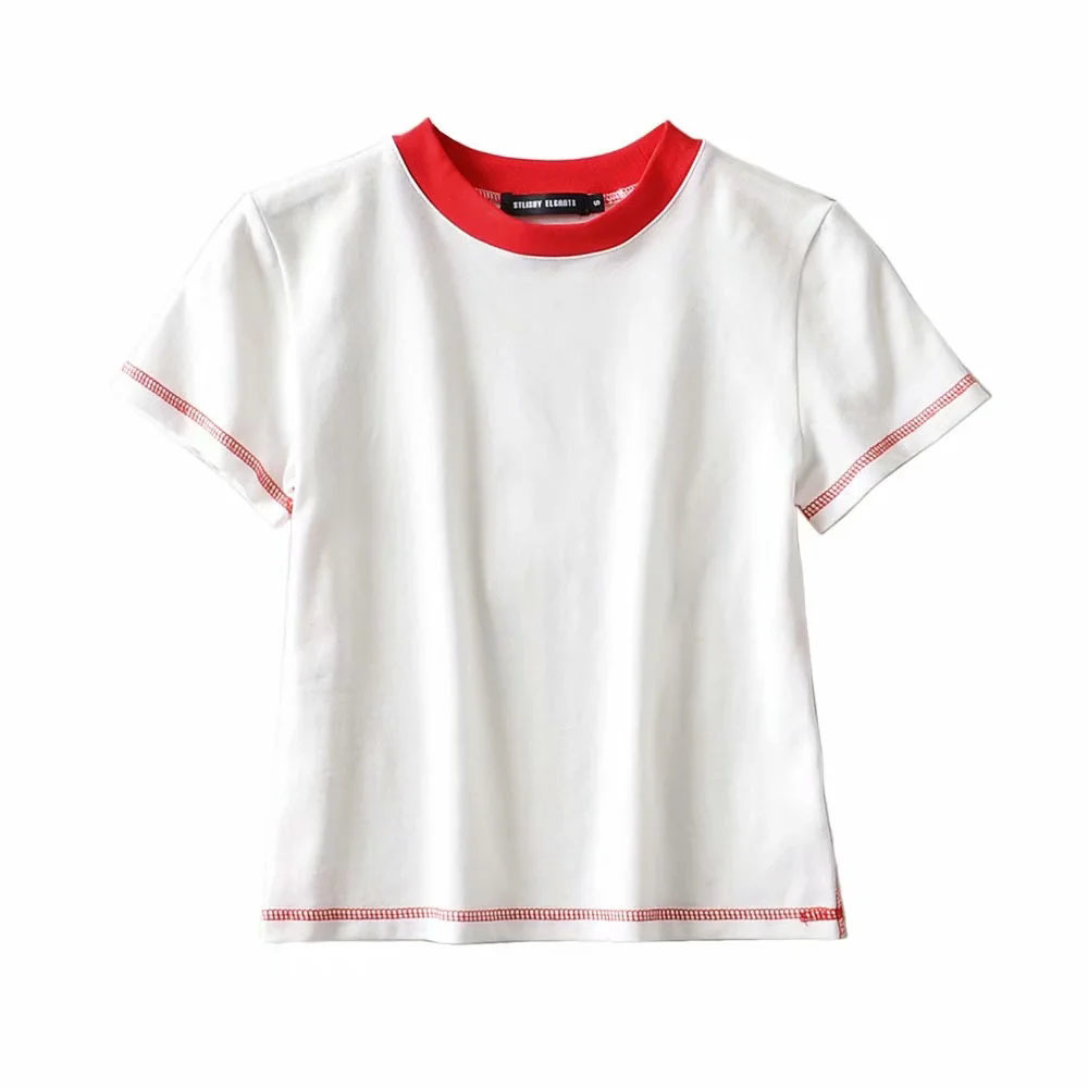 

Summer T Shirt Women Simple Solid O-Neck Red Neckline Match Basic Harajuku Camisetas Verano Mujer 210520, White